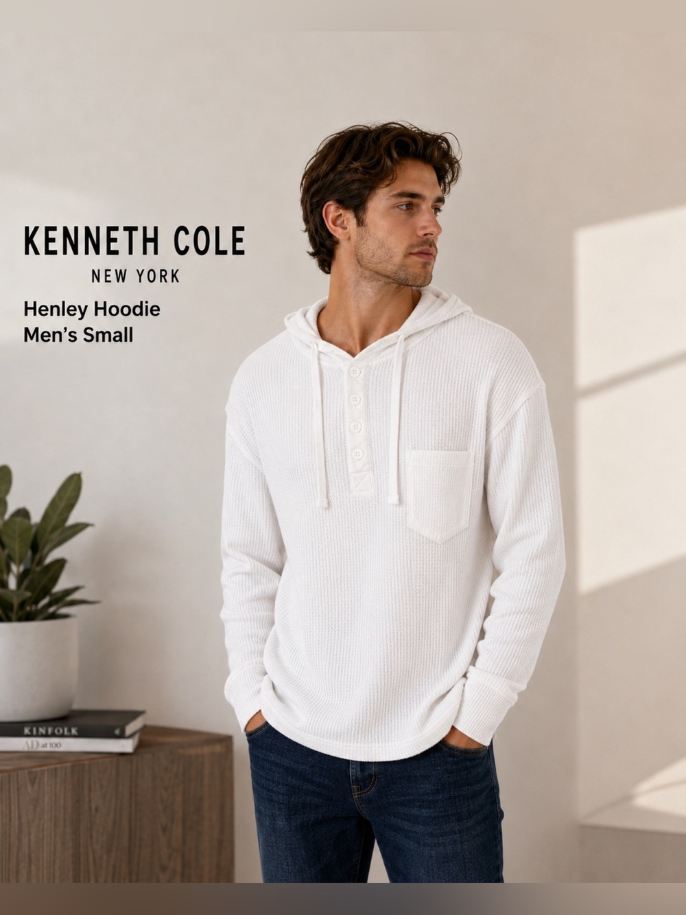Kenneth Cole New York Men's White Henley Hoodie Waffle Knit Small